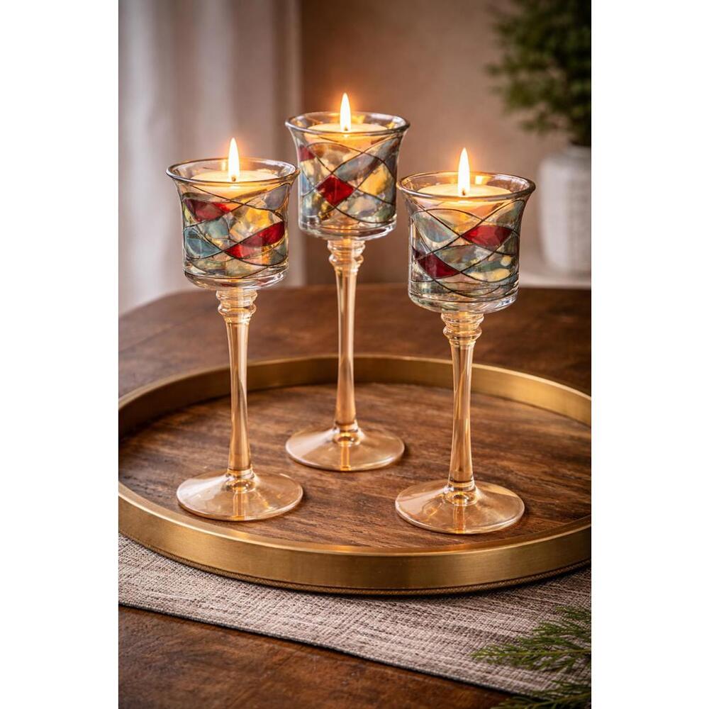 Vintage Set of 3 RARE PartyLite Mosaic Calypso Candle Holders Stained Glass
